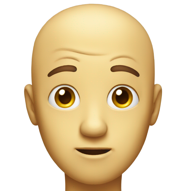 絵文字：黄色の絵文字で、眉が高く困惑しており、禿げた頭に光沢がある。