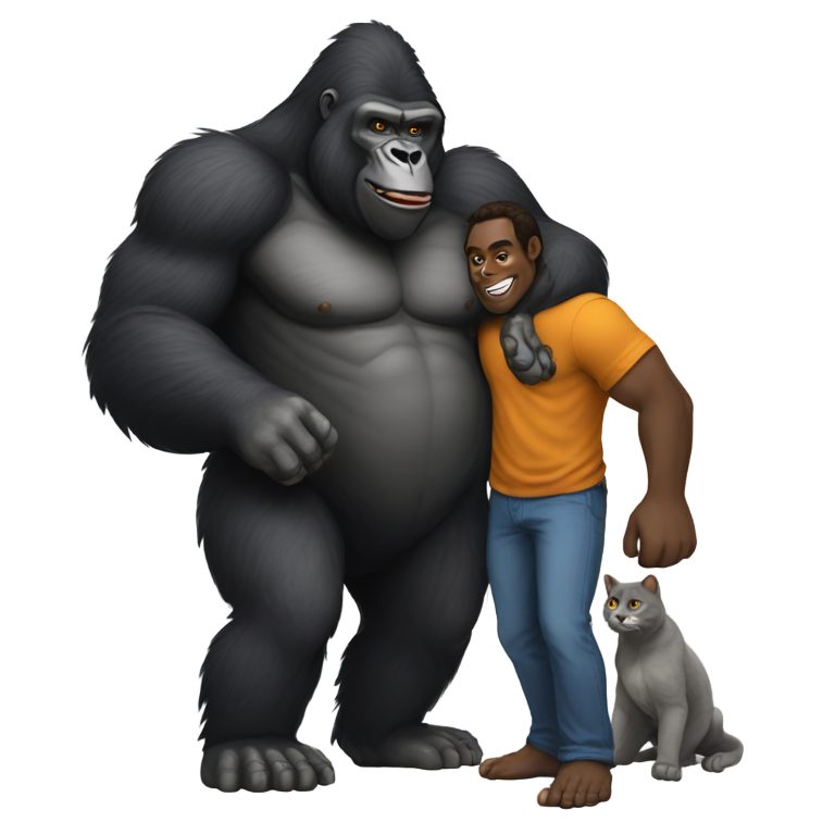 genmoji : Gros gorille Mok portant un chat nommé Smokey sur son dos