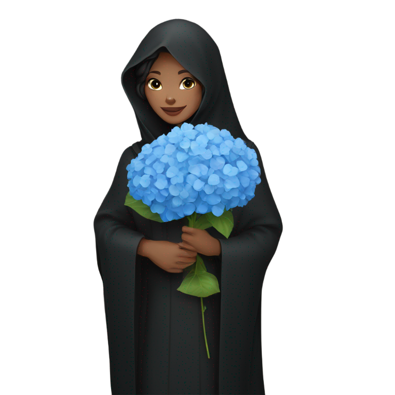 絵文字：黒いパルダと黒いアバヤを着た美しい女性が青いアジサイの花を持っています。