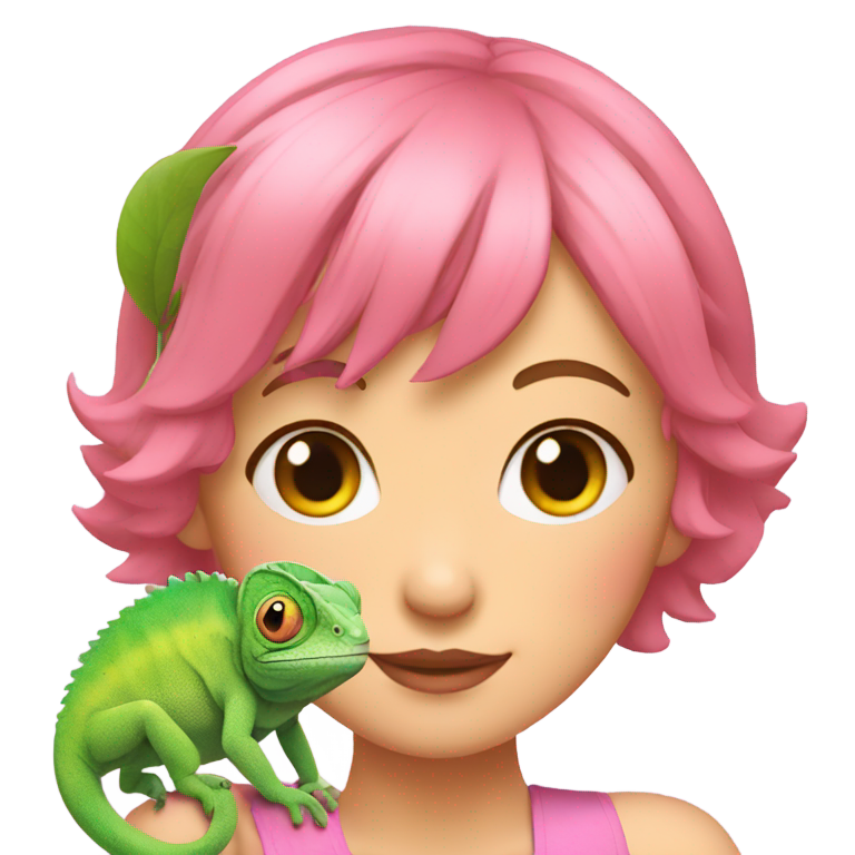 genmoji : Caméléon sur une fille aux cheveux roses courts et aux yeux verts