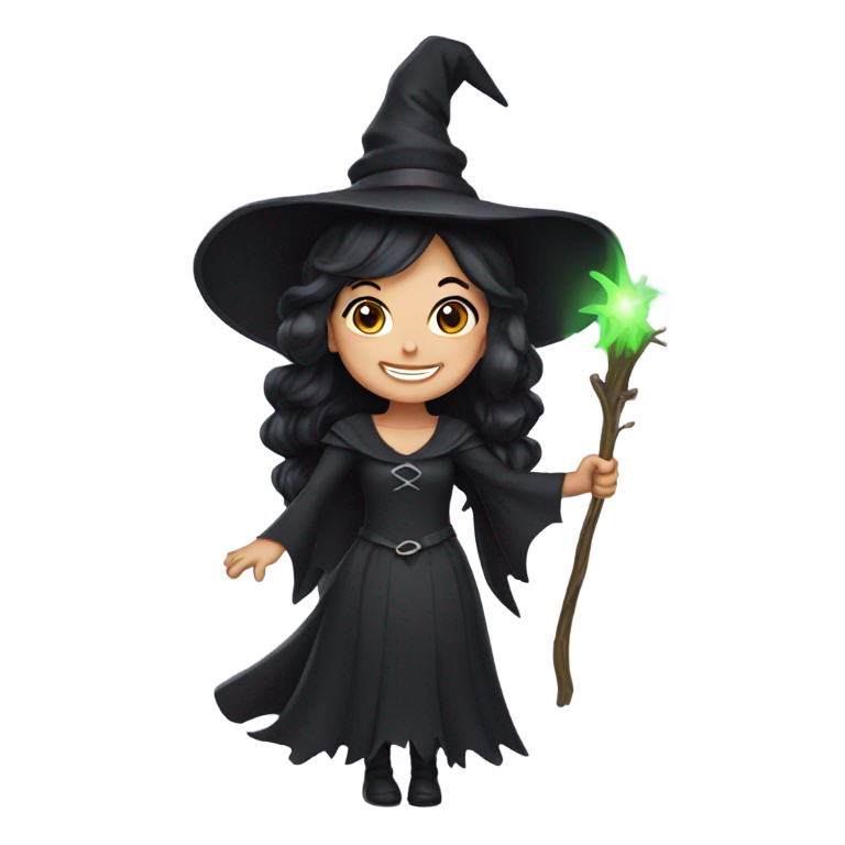 genmoji : Sorcière heureuse aux cheveux noirs