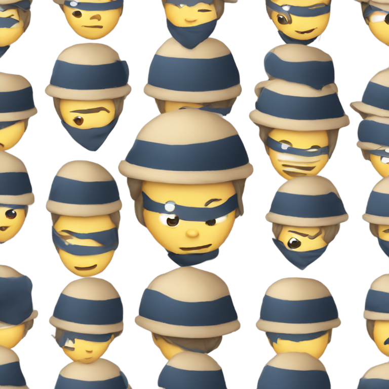 genmoji : Un voleur portant un bonnet en laine, un chemisier rayé et portant un sac.