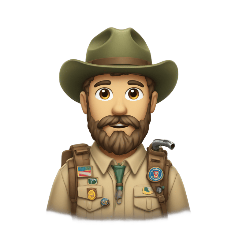 絵文字：Scout leader with bushy beard with a knfie and a pipe in his mouth
