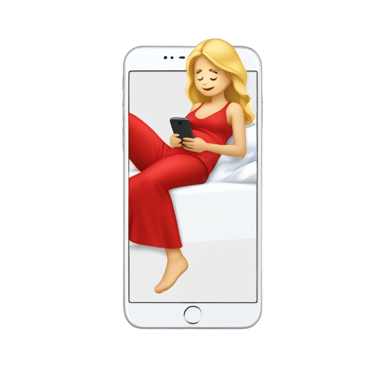絵文字：金髪の女性がベッドに横たわり、赤い夏服を着て、電話を持ち、メッセージを送ったことを示しています。