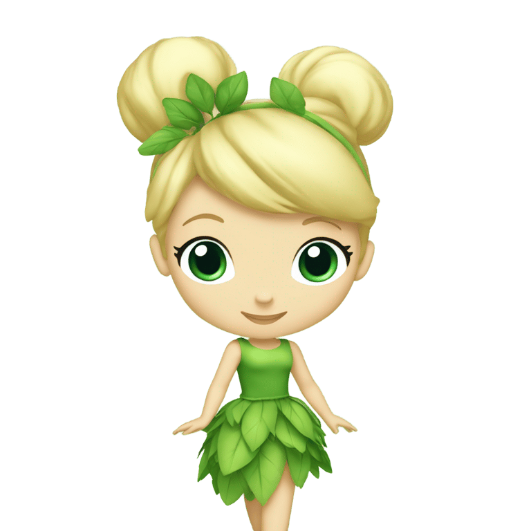 genmoji: Tinker Bell is a short fairy with light skin tone, round blue eyes and blonde hair tied up in an elegant bun. She wears a green dress made of leaves. She always has a cotton ball in each of her green shoes