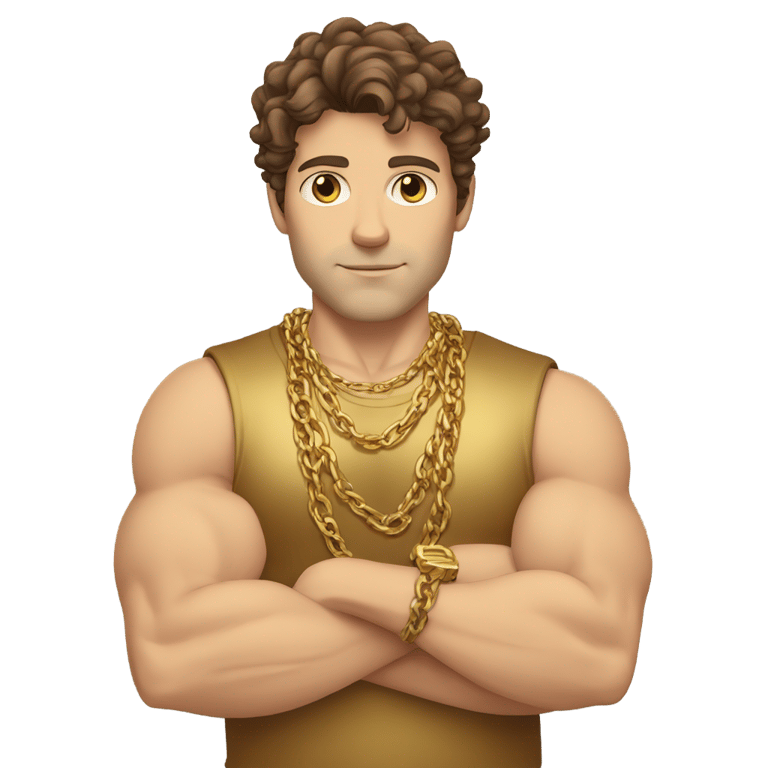 genmoji : brown hair strong Caucasian male, a gold shirt, multiple gold chains, gold wrist bands, arms crossed