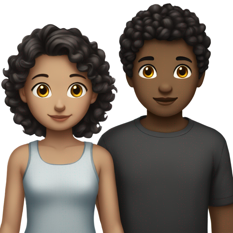 genmoji : Fille de 13 ans à la peau métisse noir et blanc avec des cheveux bouclés châtain foncé mi-longs tenant la main d'un garçon de 13 ans à la peau noire et aux cheveux courts noirs.