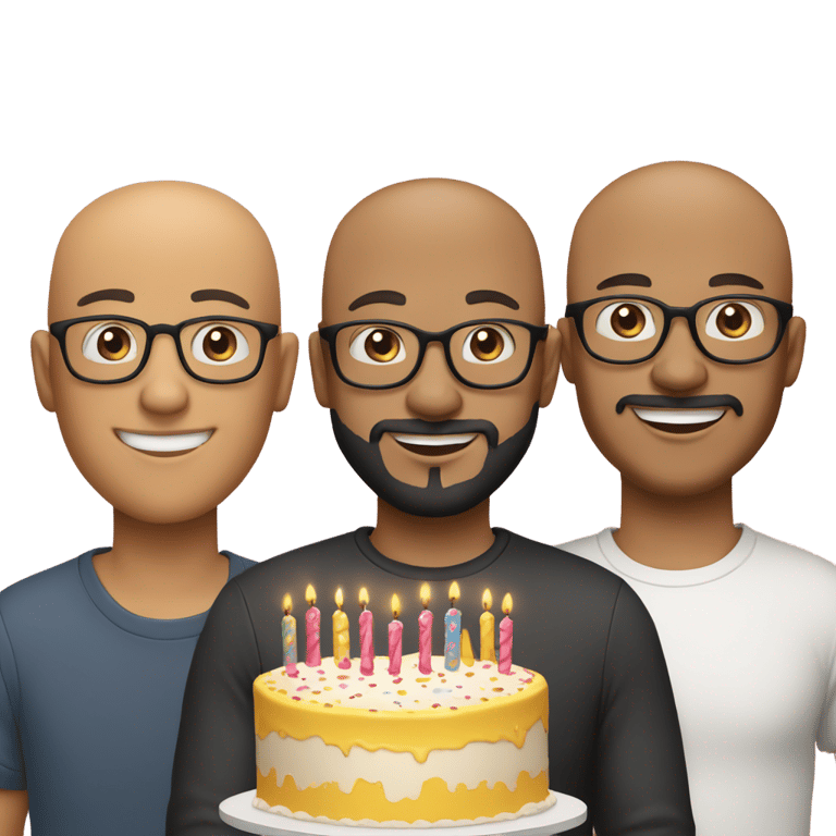 genmoji：三个男生围坐在桌子旁，享受着生日蛋糕。其中一个光头戴着眼镜，另一个留着胡子，黑发戴着眼镜，第三个光头戴着帽子。