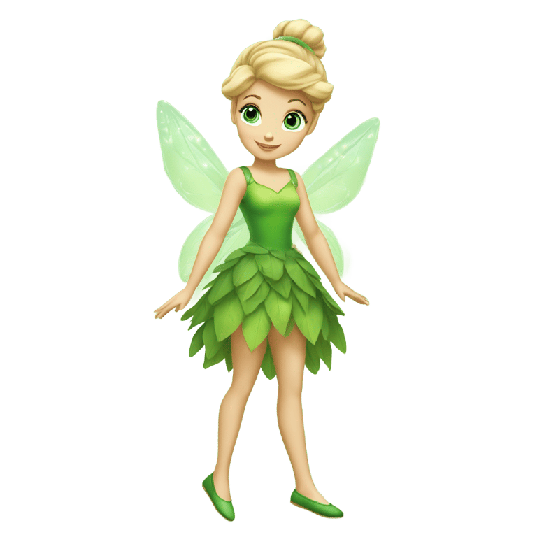 genmoji: Tinker Bell is a short fairy with light skin tone, round blue eyes and blonde hair tied up in an elegant bun. She wears a green dress made of leaves. She always has a cotton ball in each of her green shoes