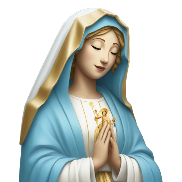 genmoji: Virgin Mary portrait with smooth sky-blue robe, white veil, small golden halo, standing with both arms gently open, clay-like finish, clean white background
