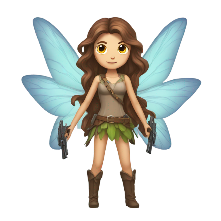 genmoji : Fée aux cheveux bruns longs avec des pistolets dans chaque main