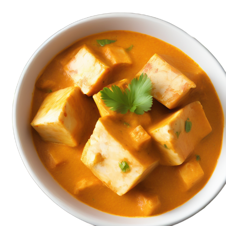 genmoji : Paneer butter masala dans un bol (plat indien)