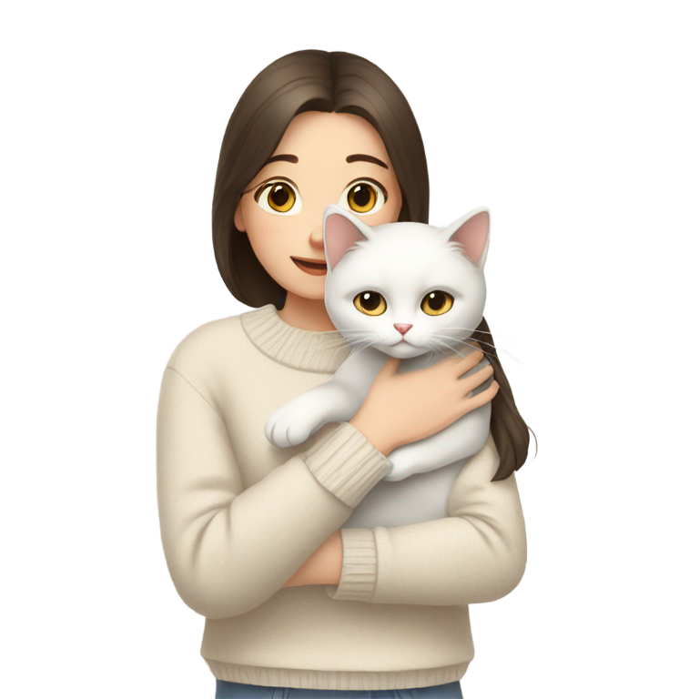 genmoji : brunette girl in beige sweater sincerely hugs her white cat with grey spots