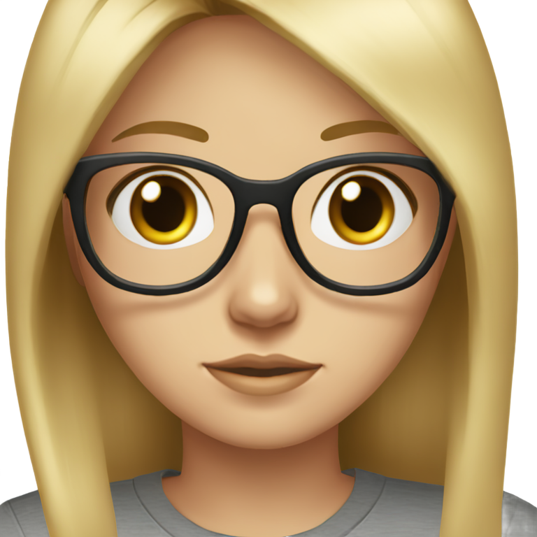 genmoji: Girl with dark eyes and white-blonde long straight hair wearing grey cropped shirt. Wearing black glasses, and has long eyelashes. Small, slim face