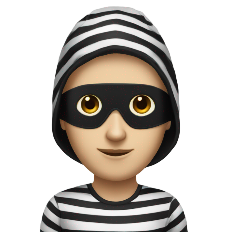 genmoji : Un voleur en combinaison rayée noir et blanc, avec un masque de yeux noir et un bonnet noir.