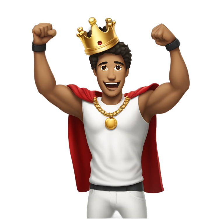 genmoji: A mixed guy with a black crown with red jewels on shouting in triumph, determined, with his hand in a fist pump celebrating, he holds his other hand up in a fist pump but he is grasping a white king chess piece and lifting it above his head