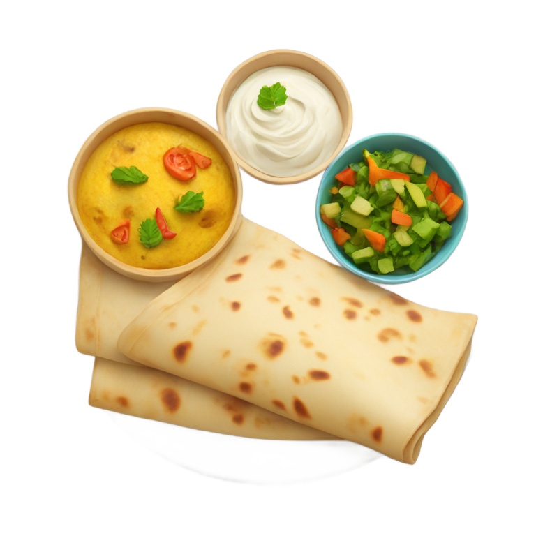 絵文字：インドのロティ、ヨーグルト、野菜のプレート