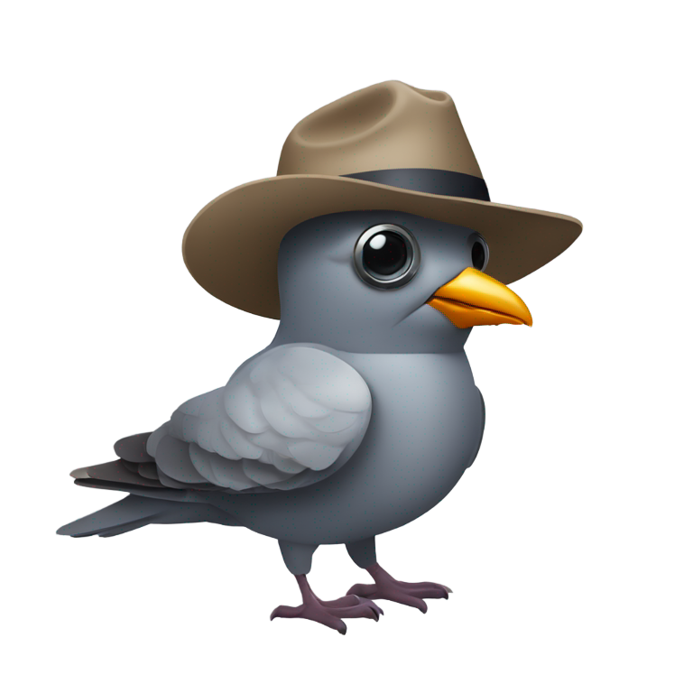 genmoji: pigeon with a fedora, a trenchcoat, a magnifying glass and pilot sunglasses. In the style of apple emojis