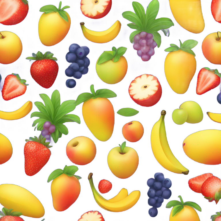genmoji : Mangue, fraise, myrtille, raisin, banane, orange, pomme, ananas, pêche