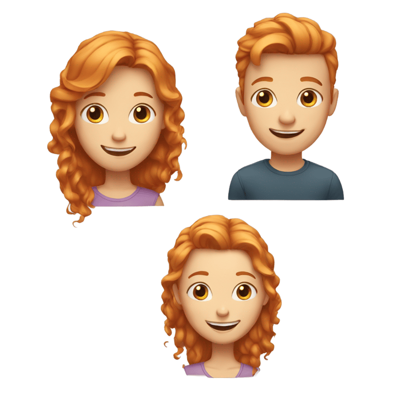 genmoji：红发女孩笑着没有牙齿，身旁的男孩头发金色，身材矮小。