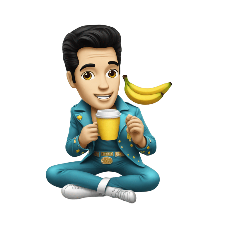 genmoji: Elvis Presley drinking coffee and holding a banana