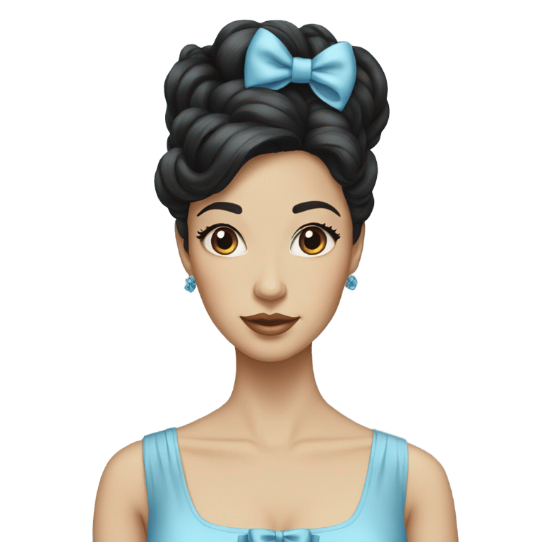 genmoji：一位皮肤中等偏淡的女性，黑发盘在头上系着蓝色蝴蝶结，身穿一件淡蓝色复古罗可绘风格的连衣裙。