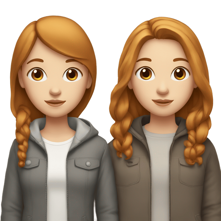 genmoji : Girl with ginger-brown hair, white skin, gray eyes, standing next to girl with short, straight light brown hair, white skin