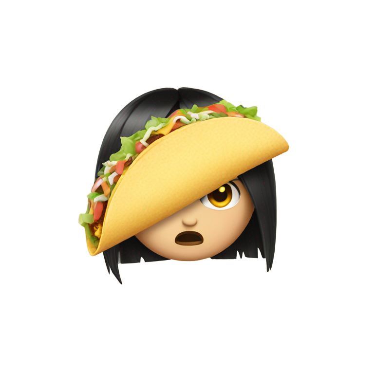 genmoji : Cheveux noirs de fée avec mèche blonde, visage en colère mangeant un taco