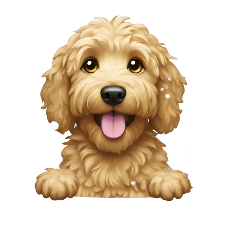 genmoji: Goldendoodle dog taking a bath in bathtub
