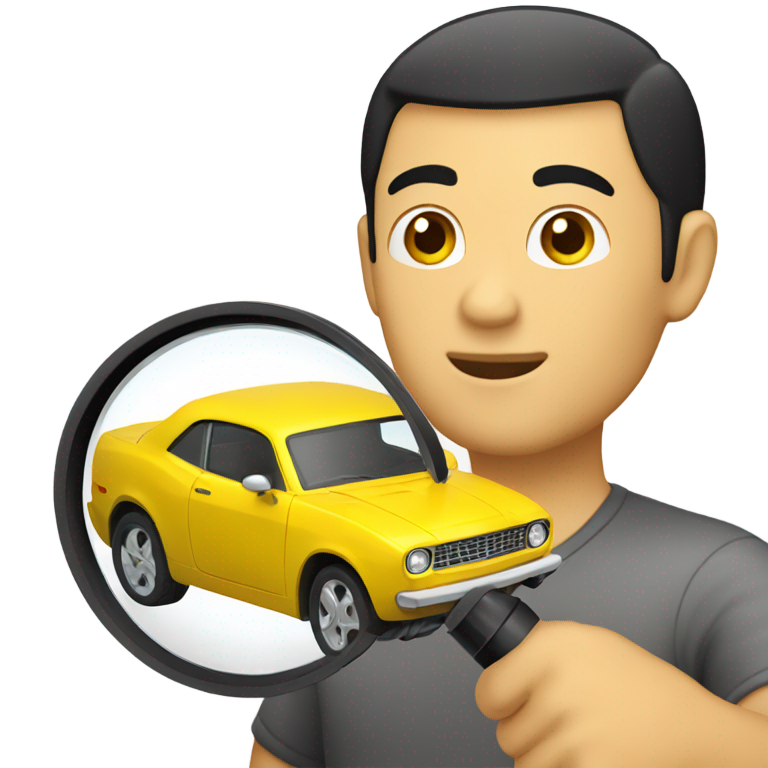 genmoji : a man with short black hair looks at a yellow toy car with a magnifying glass