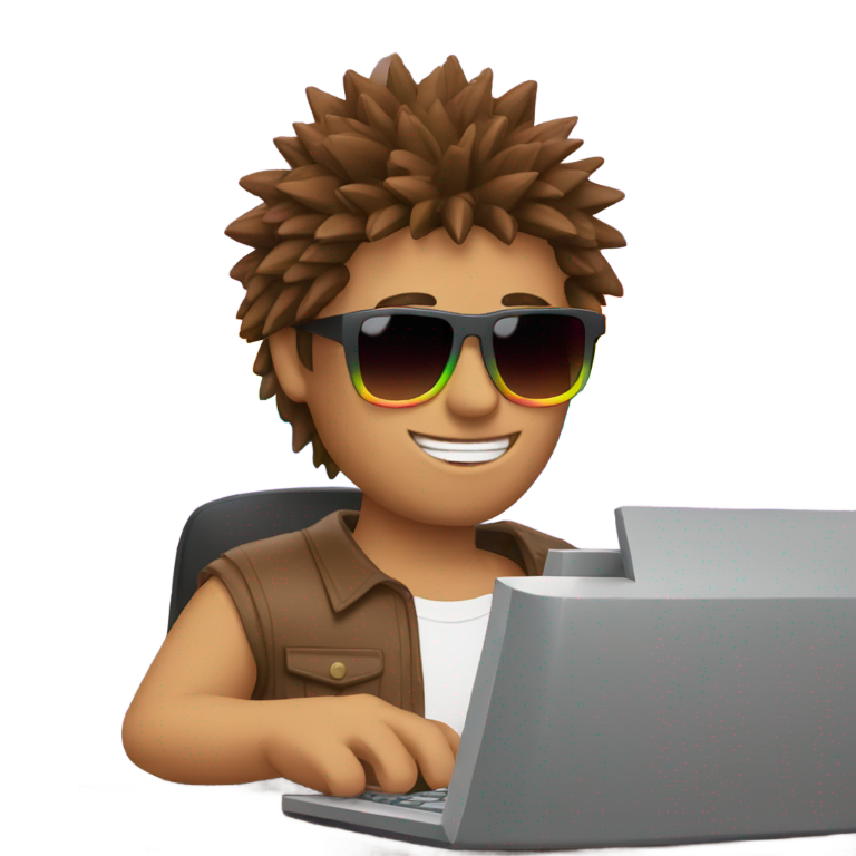 genmoji：棕色刺猬头男子戴着彩虹太阳镜在电脑上打字