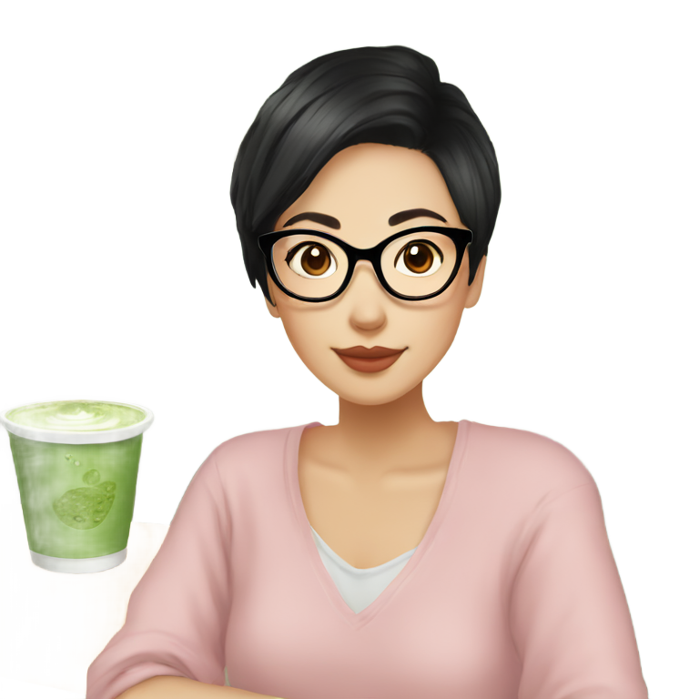 genmoji: a girl with short black hair and large glasses with light pink frame drinking a matcha latte