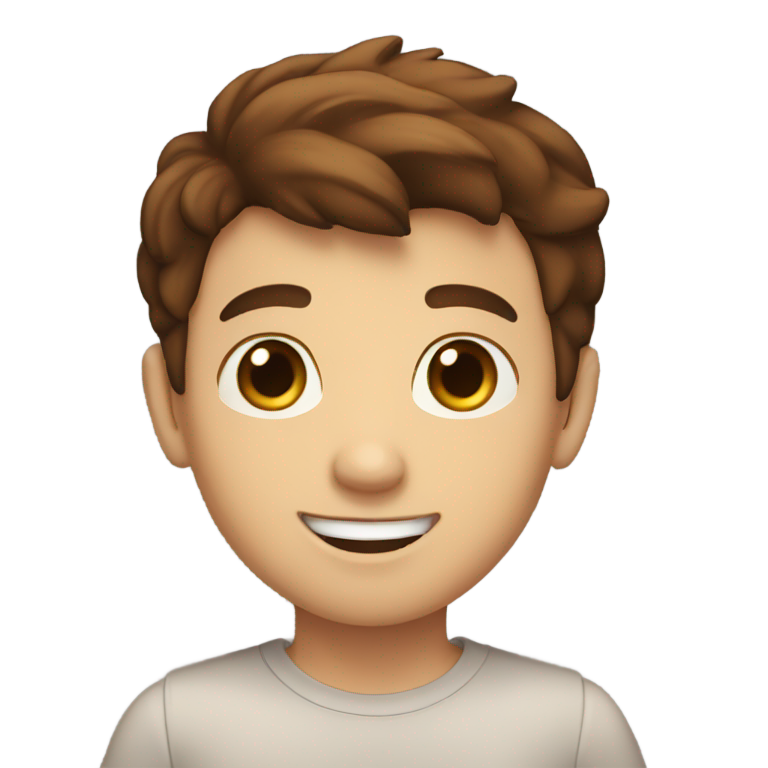 genmoji : Un garçon aux cheveux bruns souriant, tenant sa taille. Il a une silhouette en forme de sablier.