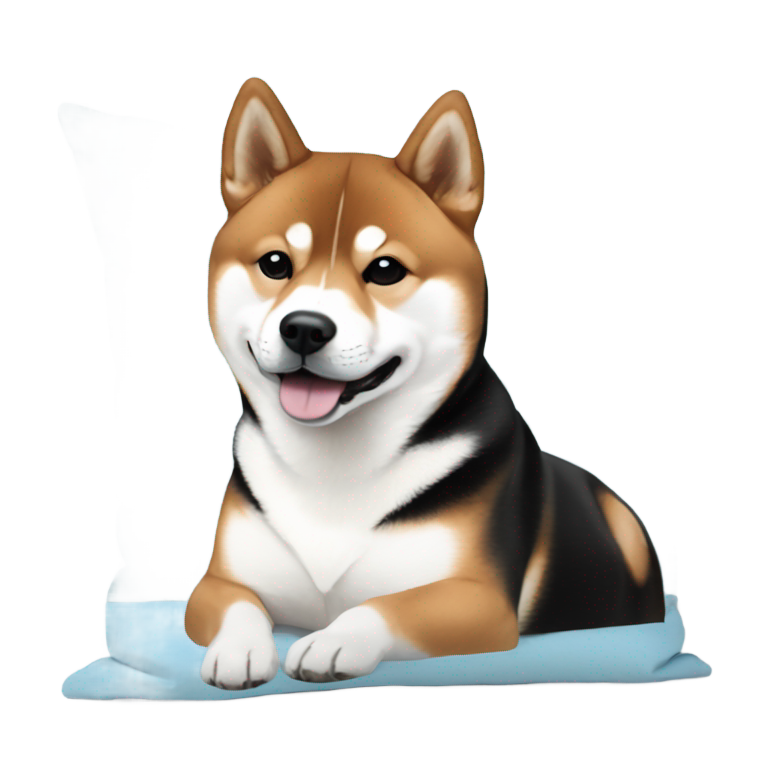 絵文字：黒、茶、白のシバ犬が淡いパステルブルーのクッションに座っている