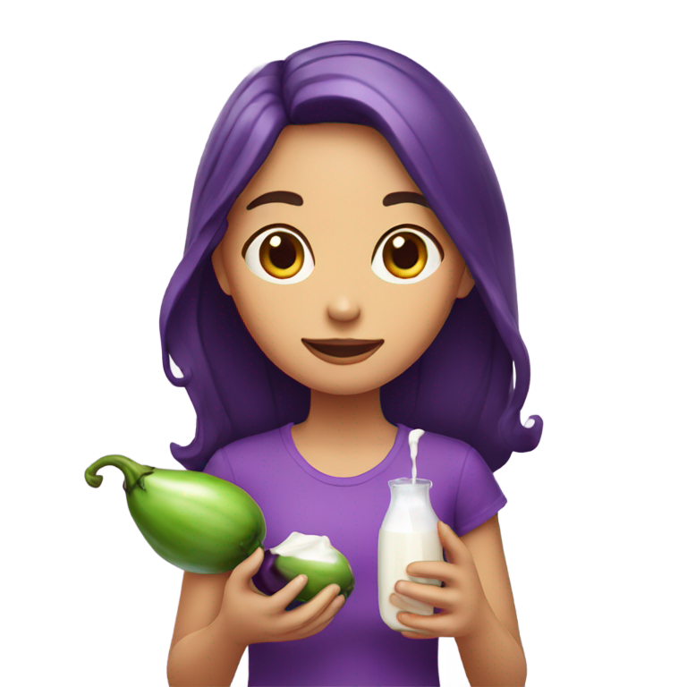 genmoji：女孩拿着茄子，牛奶从上面滴落