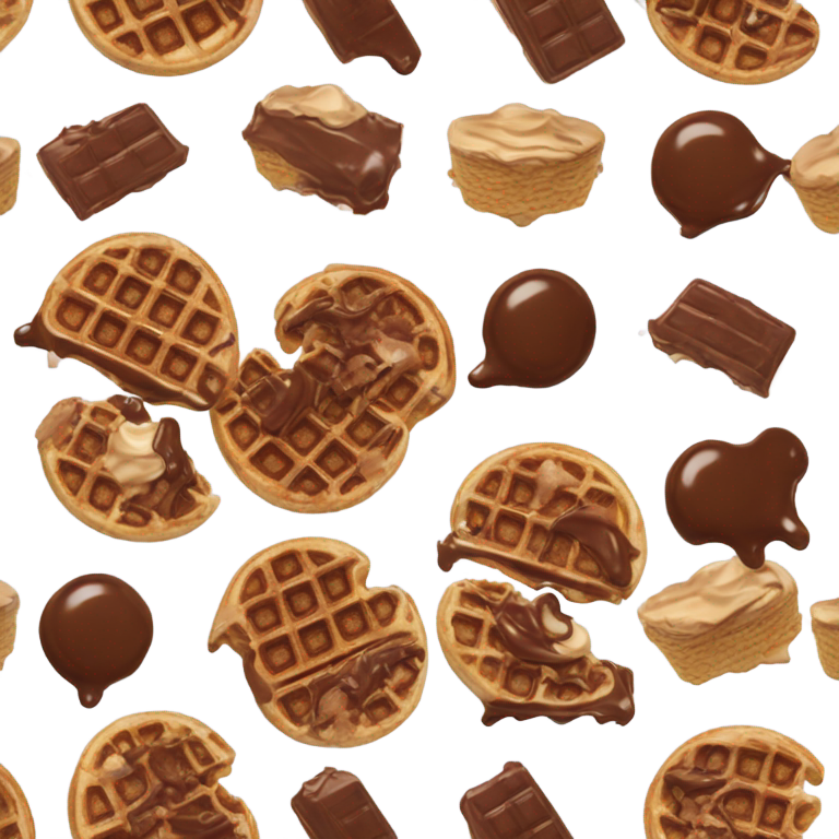 絵文字：ワッフルにチョコレートビスケットのクラッシュ、チョコレートの砕片、バニラアイスをヘーゼルナッツチョコレートスプレッドで Drizzle