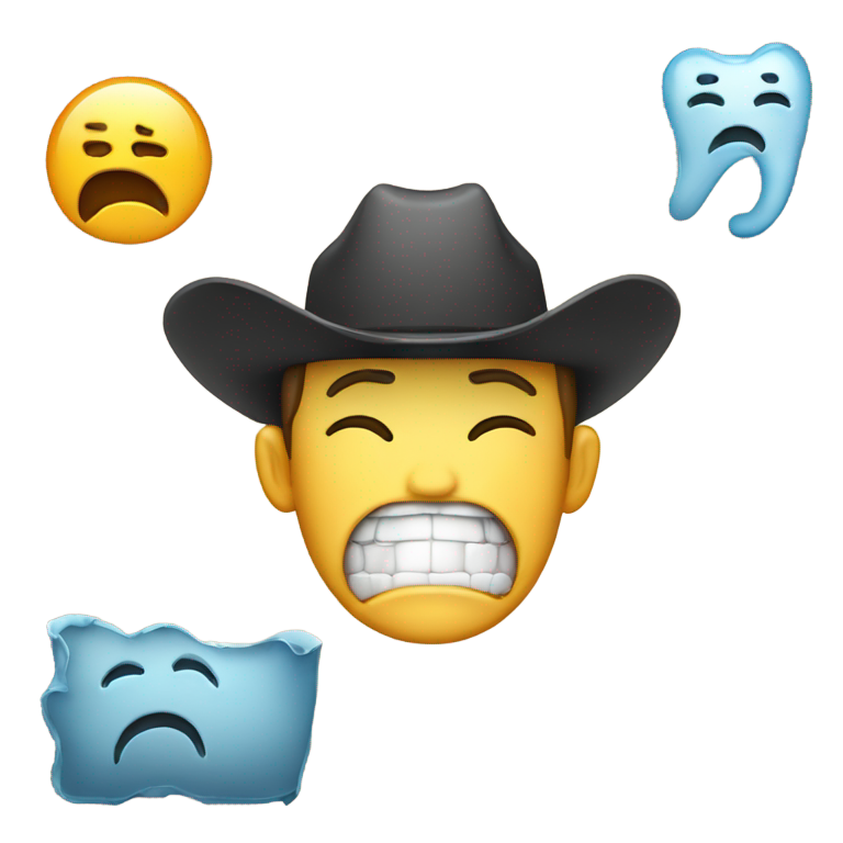 genmoji : Émoji dent régulier avec le chapeau de cowboy de l'émoji cowboy régulier et un visage qui pleure comme l'émoji en sanglots avec des traînées de larmes.