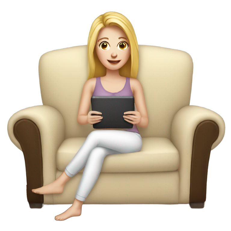 genmoji : Fille blanche avec iPad sur le canapé