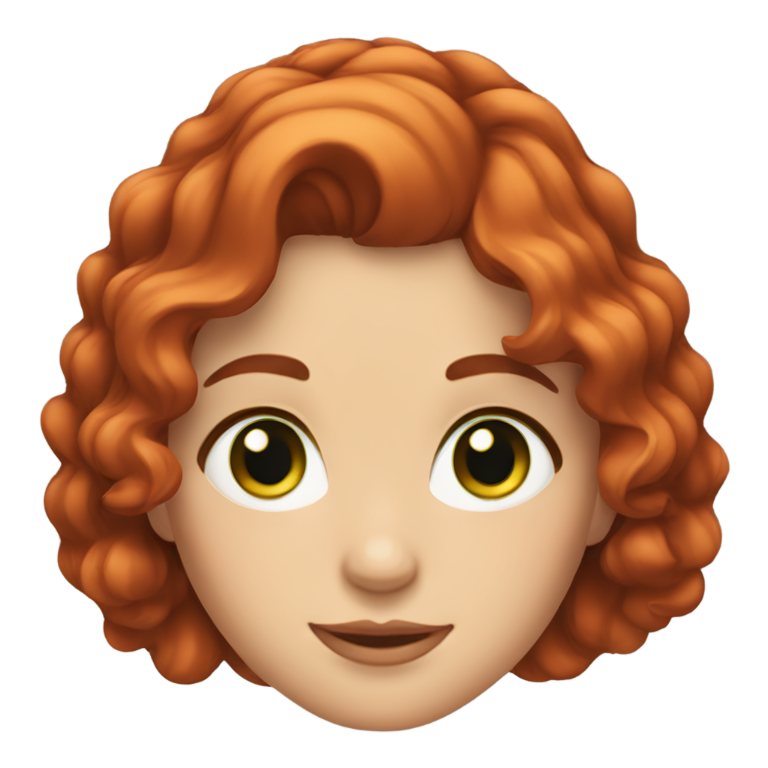 genmoji：绿灰色眼睛，红色中长波浪卷发，中间分开的可爱女子。