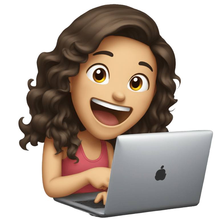 genmoji : Girl with dark long brown hair laughing at computer