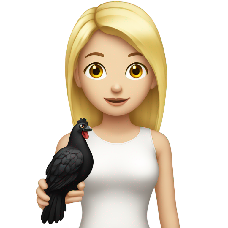 genmoji : Une fille blonde tenant en main un coq noir rigide