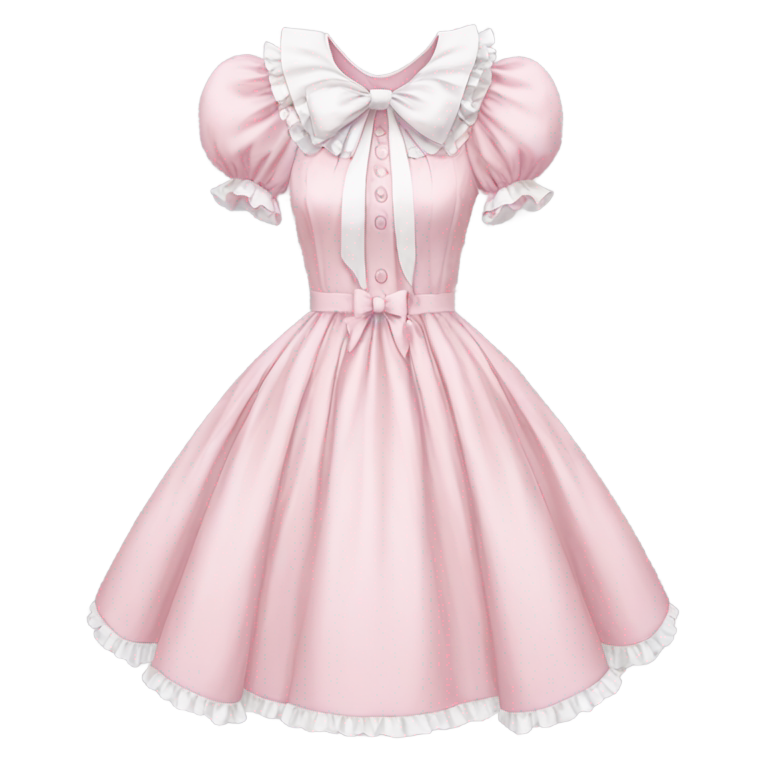 genmoji: A pastel pink lolita dress with puff sleeves, white ruffled collar, front buttons, and a big bow at the waist — sweet and doll-like.
