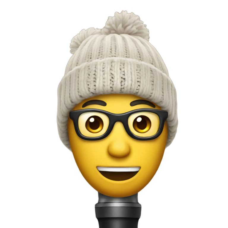 genmoji : Comédien avec un bonnet en laine tenant un micro