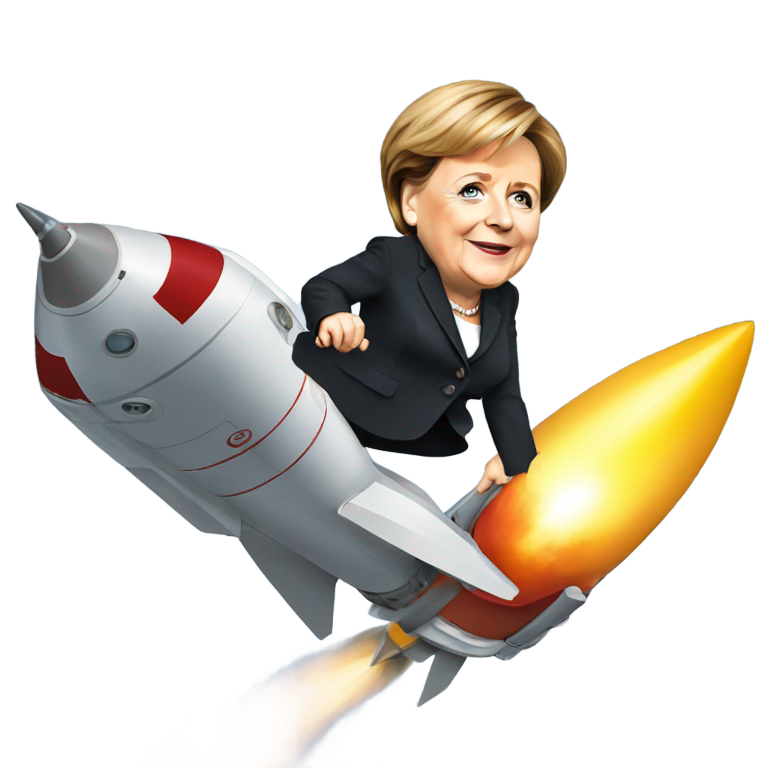 genmoji : Angela Merkel en tailleur monte une grande fusée de lancement inclinée.