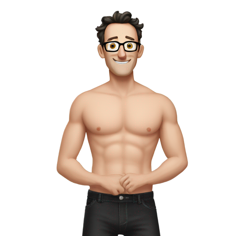 genmoji : Tom Kenny torse nu portant un pantalon noir