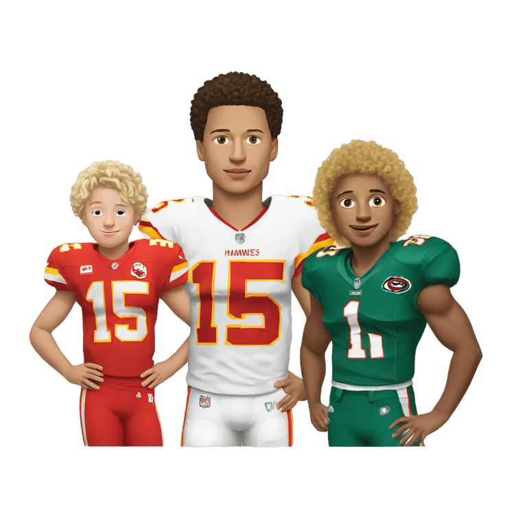 genmoji：一名金发男孩（金发，短发，直发，白皮肤）和patrick mahomes（足球运动员#15）站在一起
