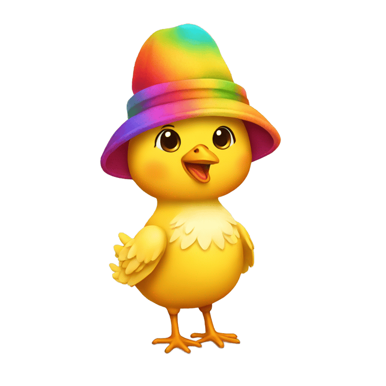 genmoji：一只戴着彩色帽子的小鸡，全身图。