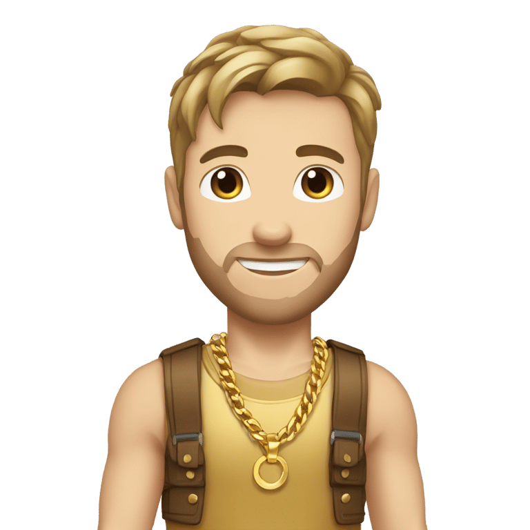 genmoji : Homme caucasien avec une chemise dorée, des chaînes et des bracelets dorés, et des cheveux bruns.