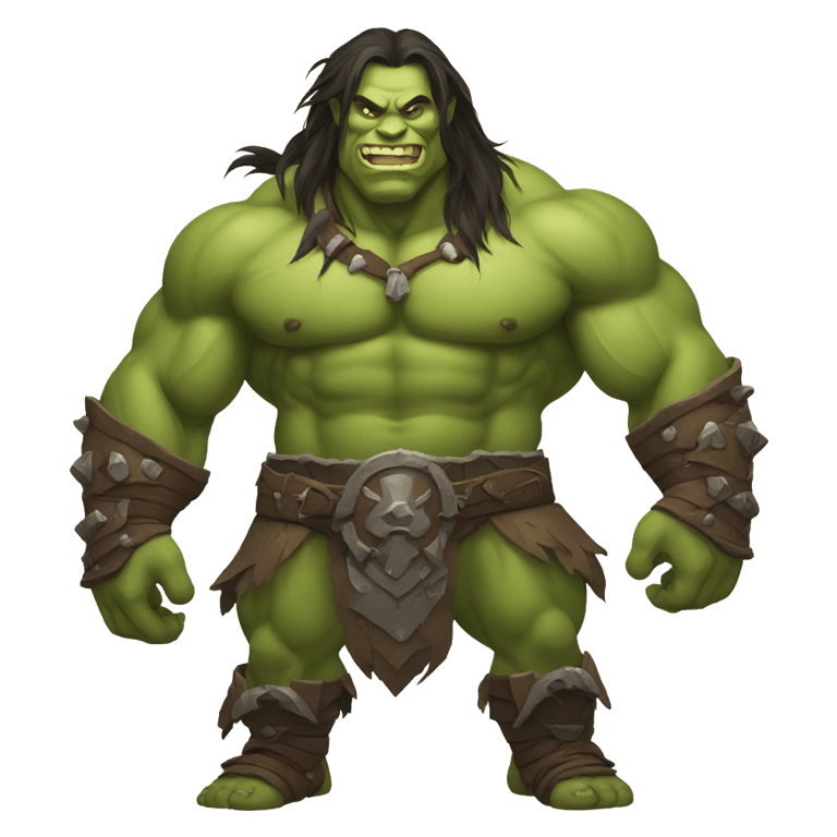genmoji : Un guerrier orc musclé souriant, avec les cheveux longs et le ventre apparent