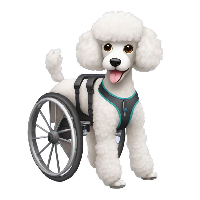 genmoji : Caniche handicapé avec des pattes et des bras cassés dans un fauteuil roulant
